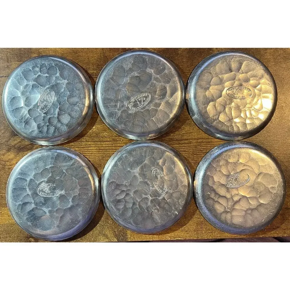 6 Vintage Hand Forged Everlast Hammered Metal Coasters Pine Cones and Branches